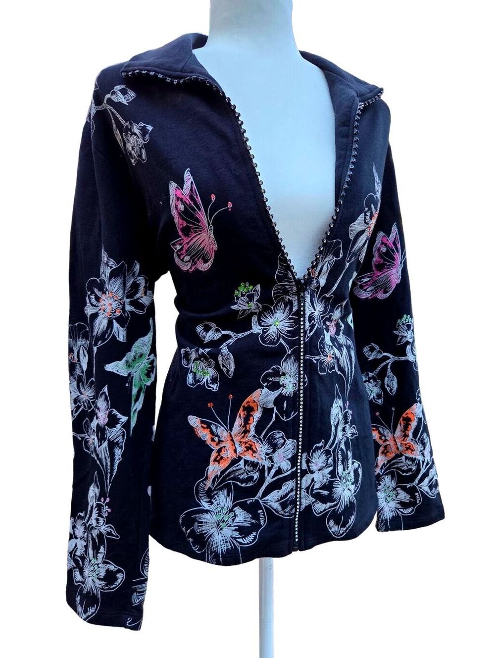 Vintage Y2K Rhinestone Butterfly Floral Teacher Whimsigoth Full Zip Jacket L